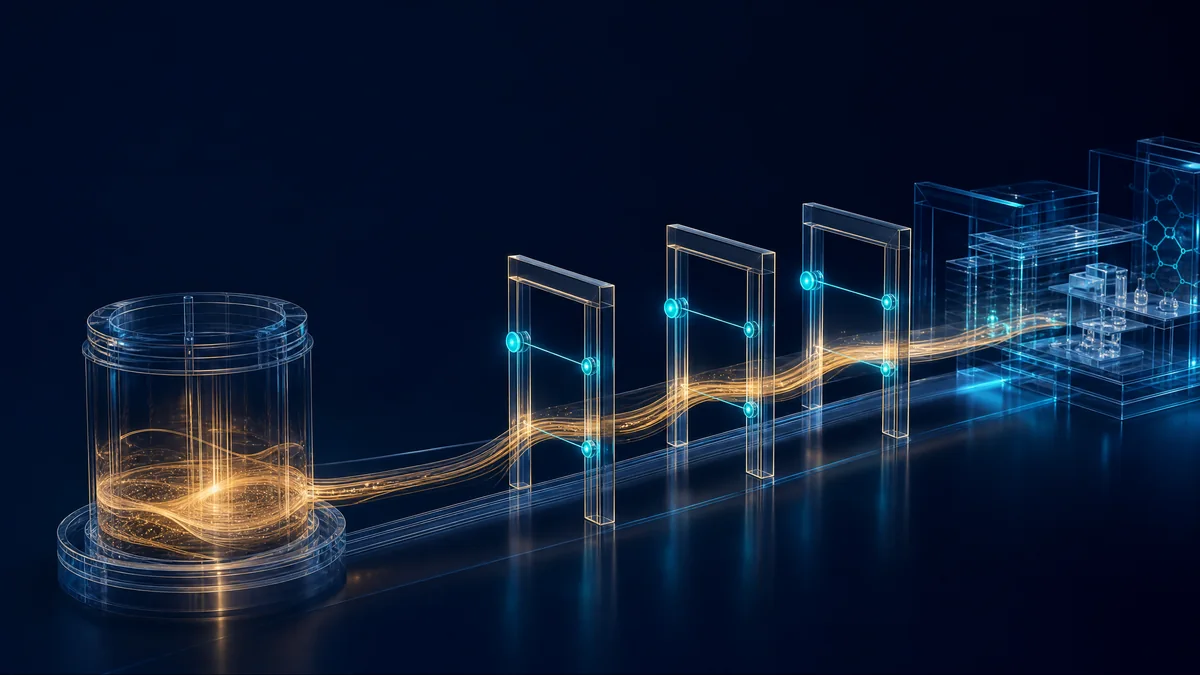 Programme resources moving through sequential authorization gates toward research operations.