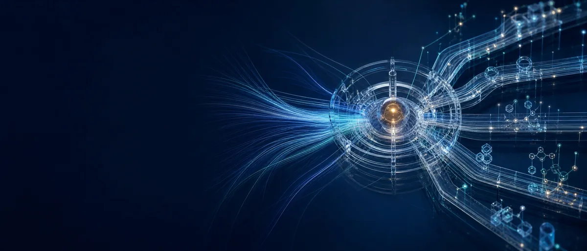 Conceptual ultrawide illustration of molecular lanes converging on a glowing hub.