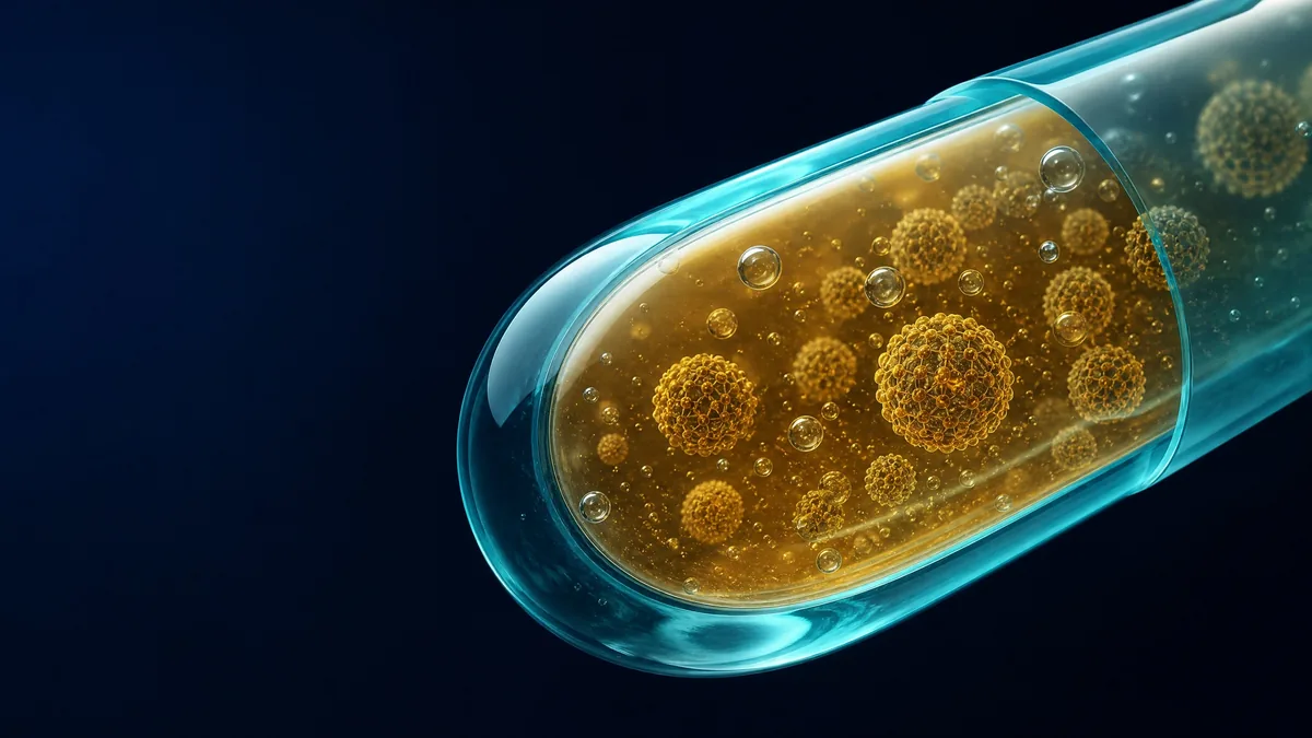 Conceptual cutaway of an investigational softgel with suspended particles.