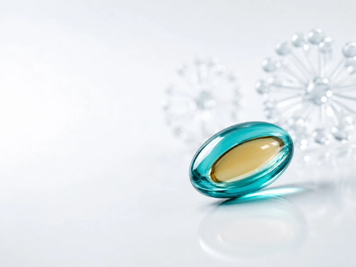 Conceptual investigational softgel on a light crystalline background.