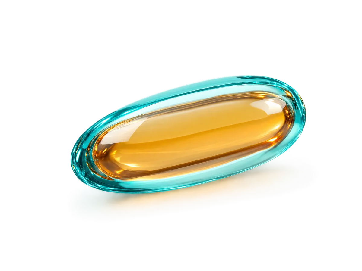 Conceptual cyan and amber investigational softgel on a dark background.
