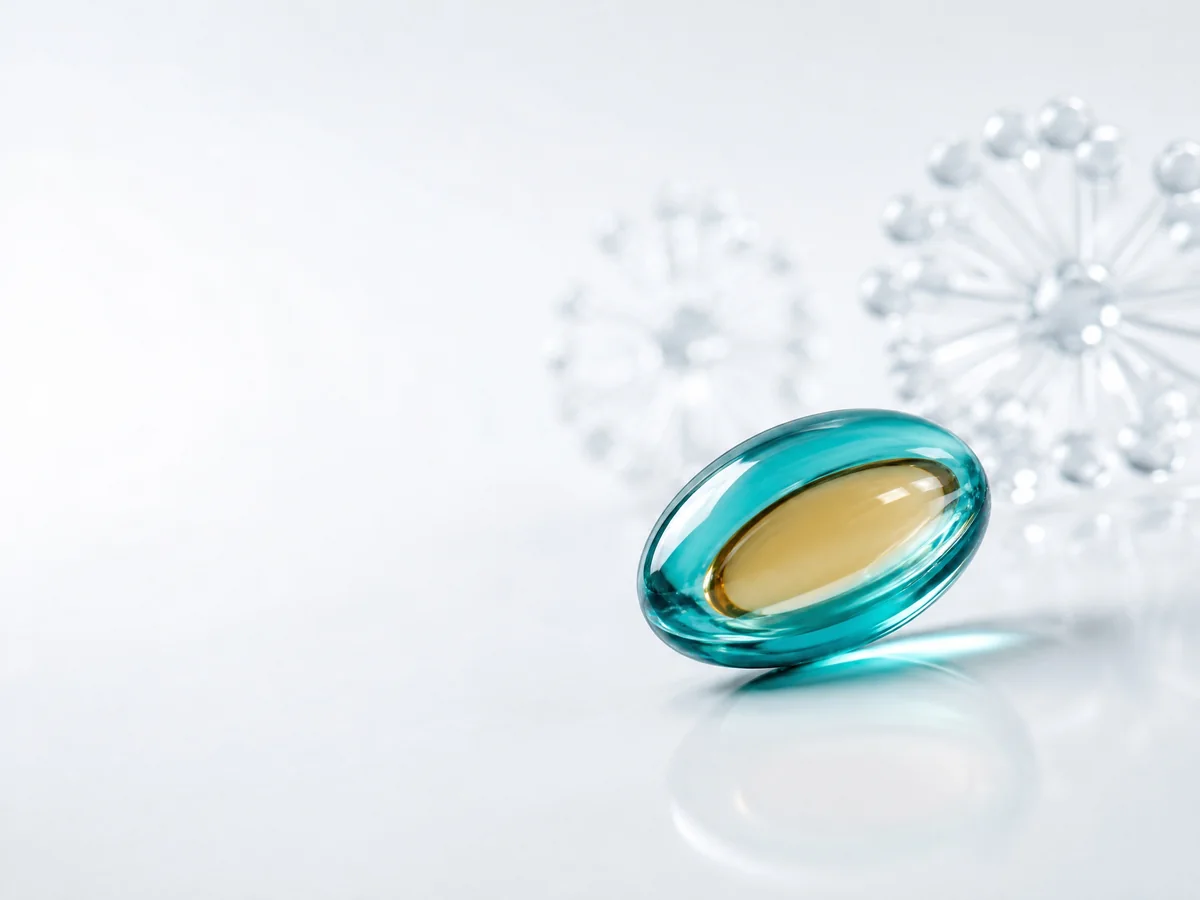Translucent investigational softgel on a light surface.