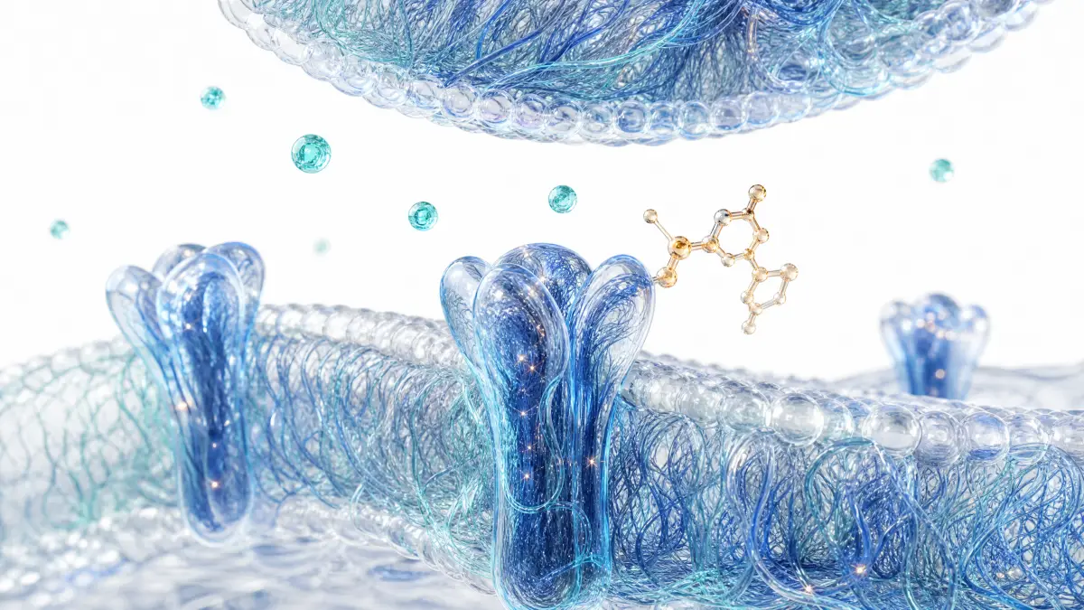 Conceptual illustration of receptors in a cell membrane, with a small molecule nearby.