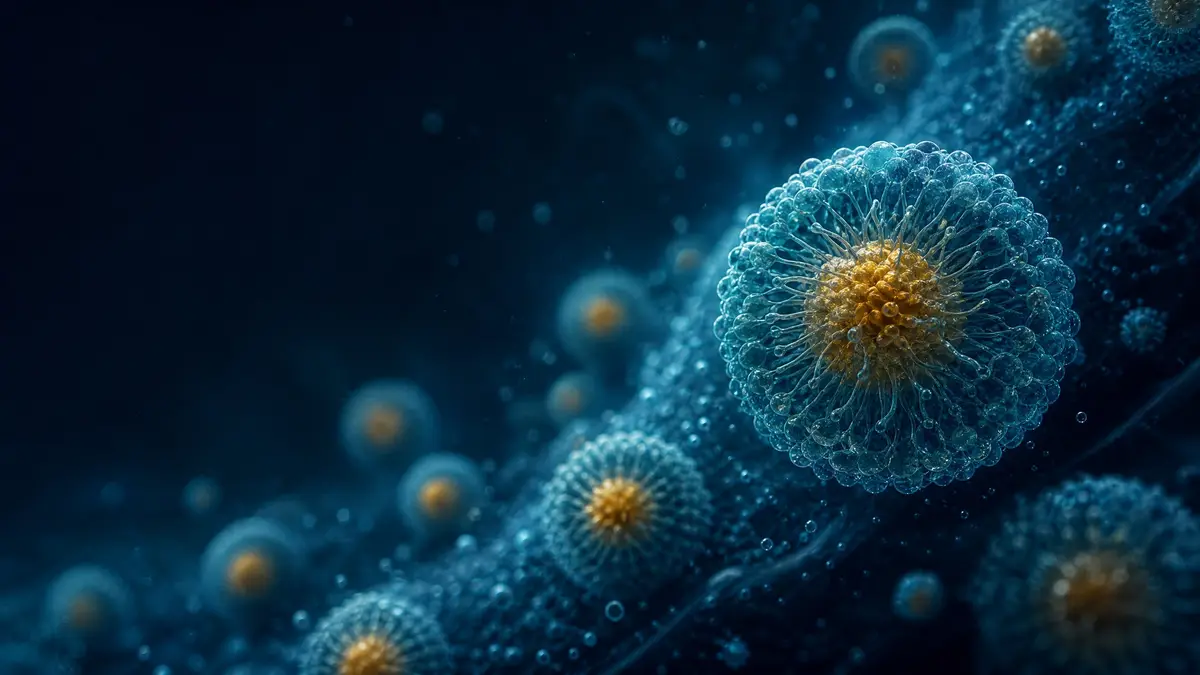 Conceptual illustration of micelle-like droplets suspended in liquid.